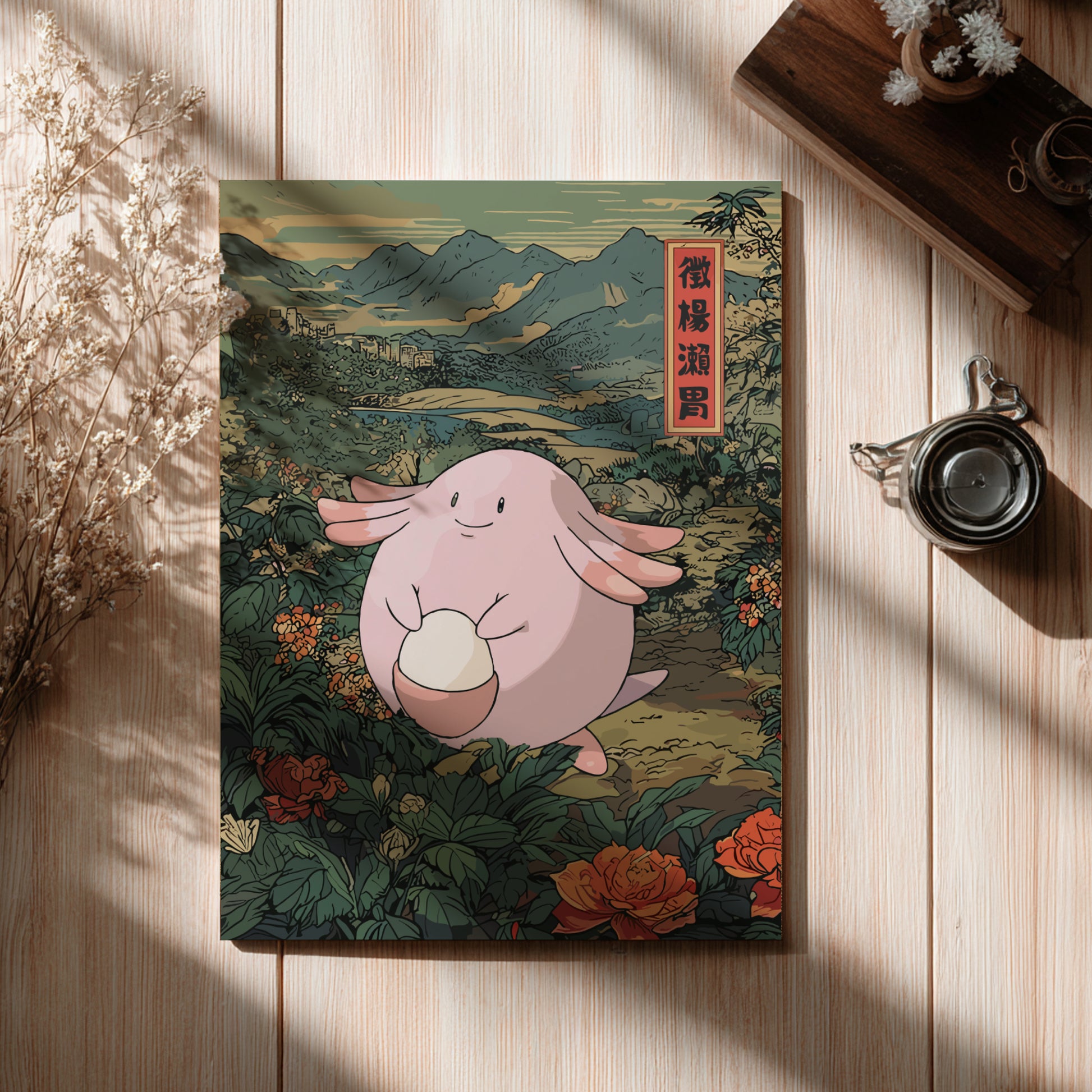 Poster with Chansey Pokemon illustration on a wooden surface with a scenic background