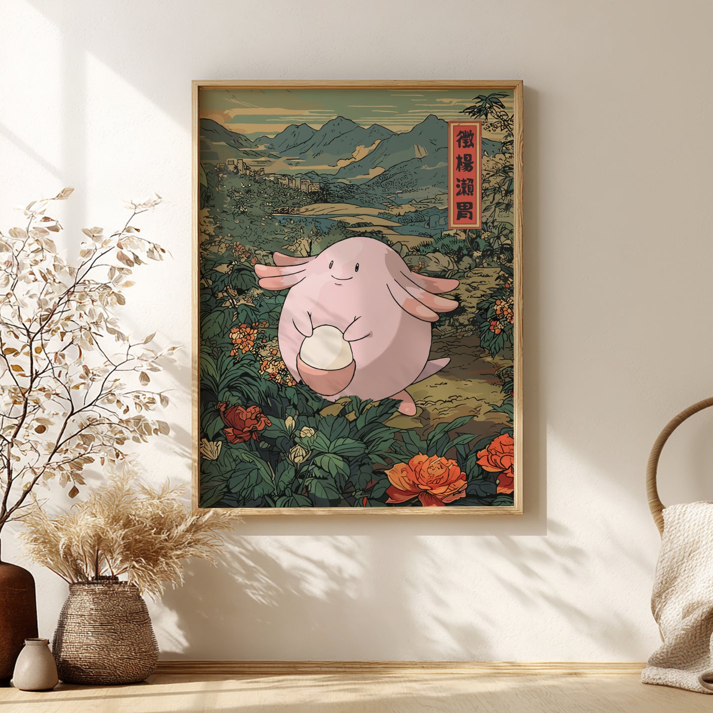 Framed artwork with Chansey Pokemon in a natural setting on a wall.
