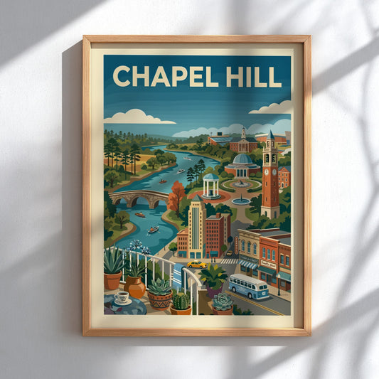 Chapel Hill landscape art print featuring a river, buildings, and trees in a colorful, illustrative style.