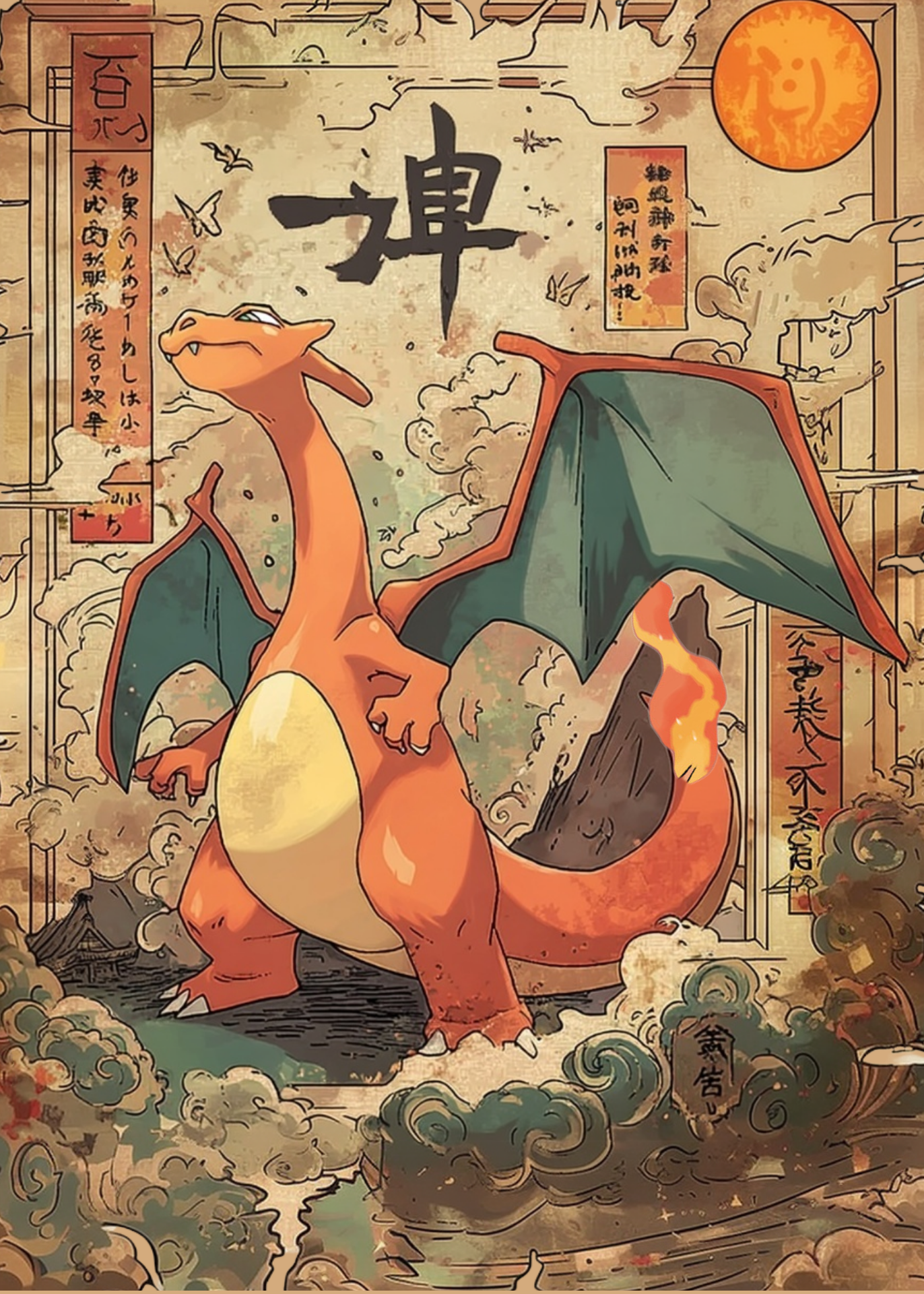 Illustration of Charizard Pokemon with traditional Japanese design elements