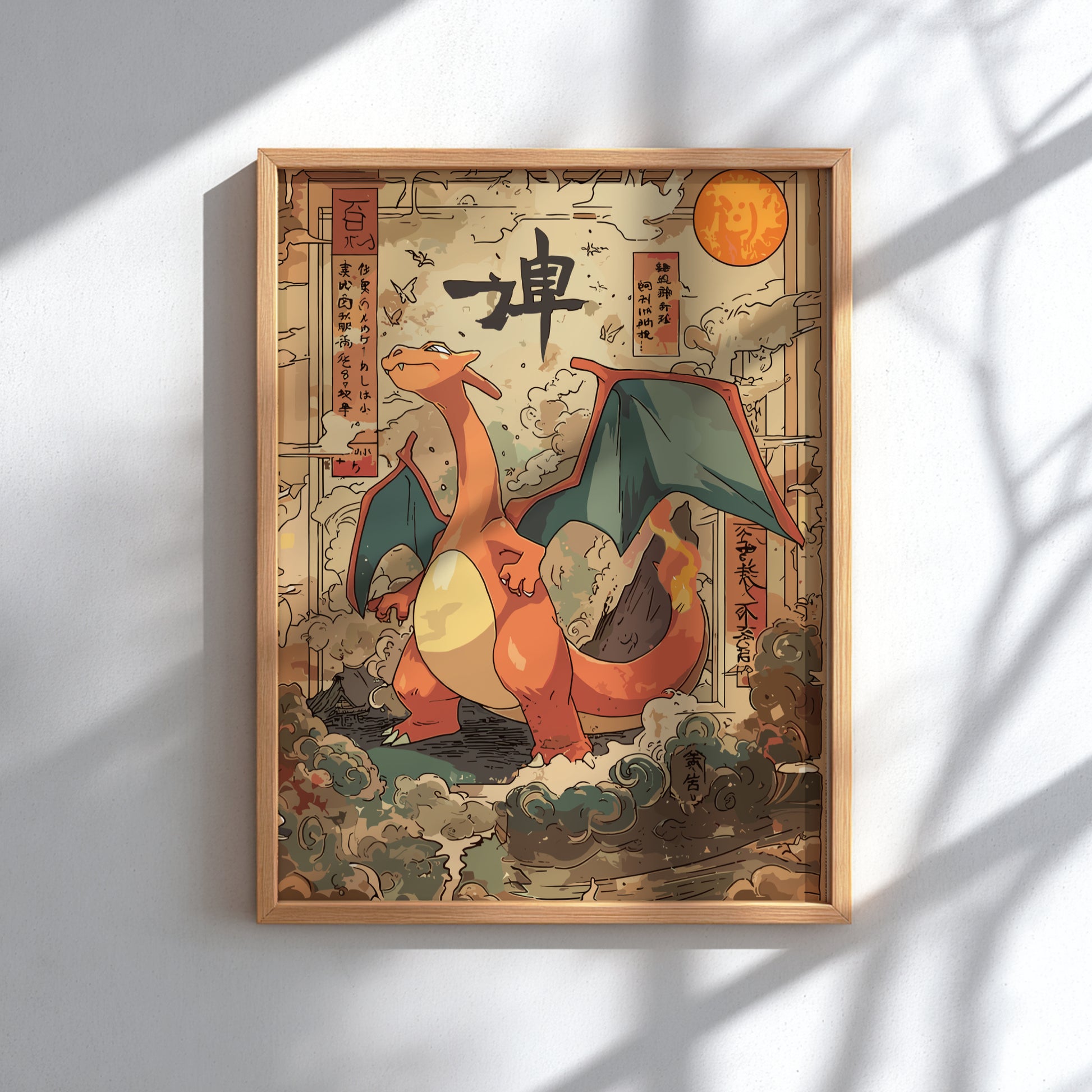 Framed artwork of Charizard Pokemon with traditional Japanese design elements on a white wall.