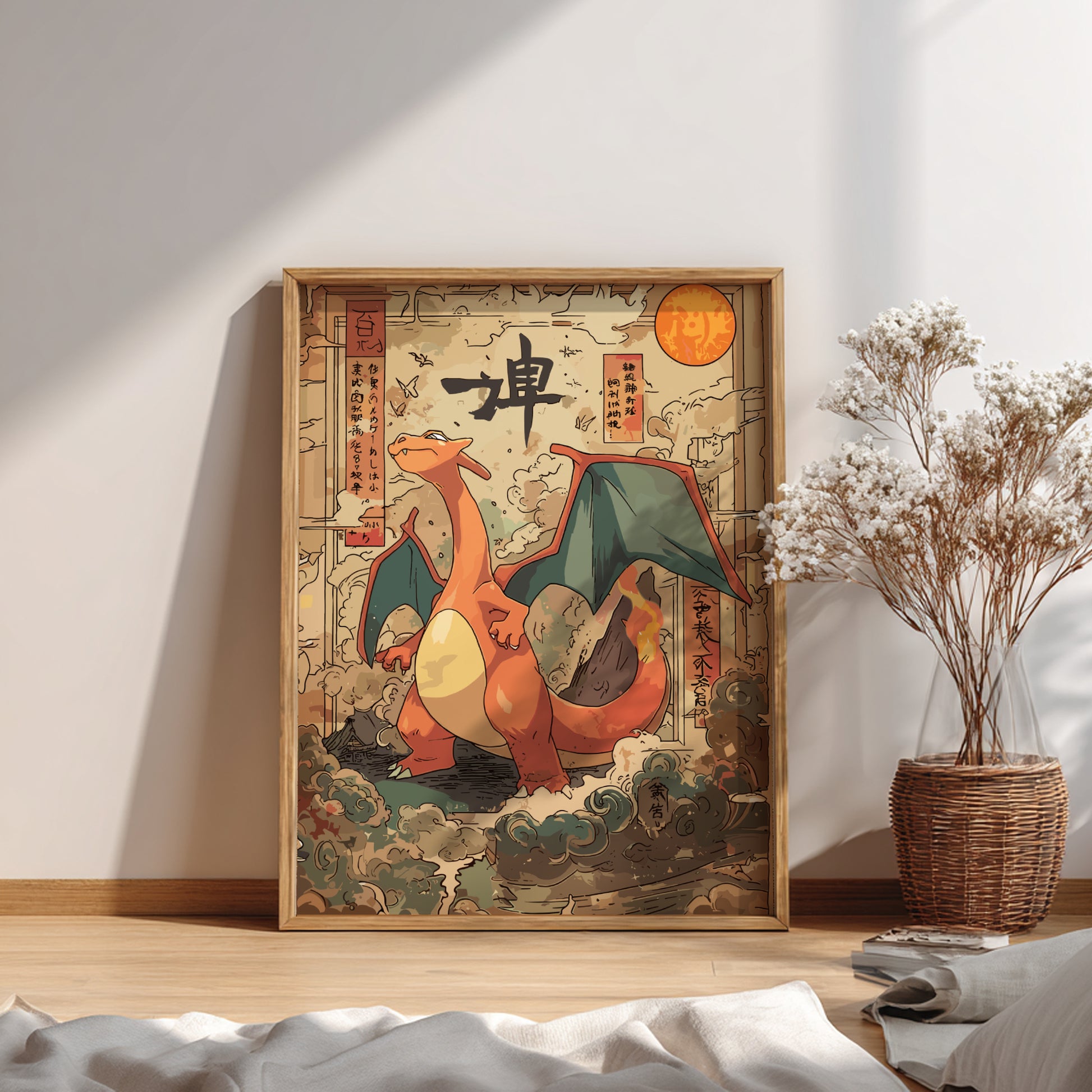 Framed artwork of Charizard Pokemon on a wall with a plant and decor items below.