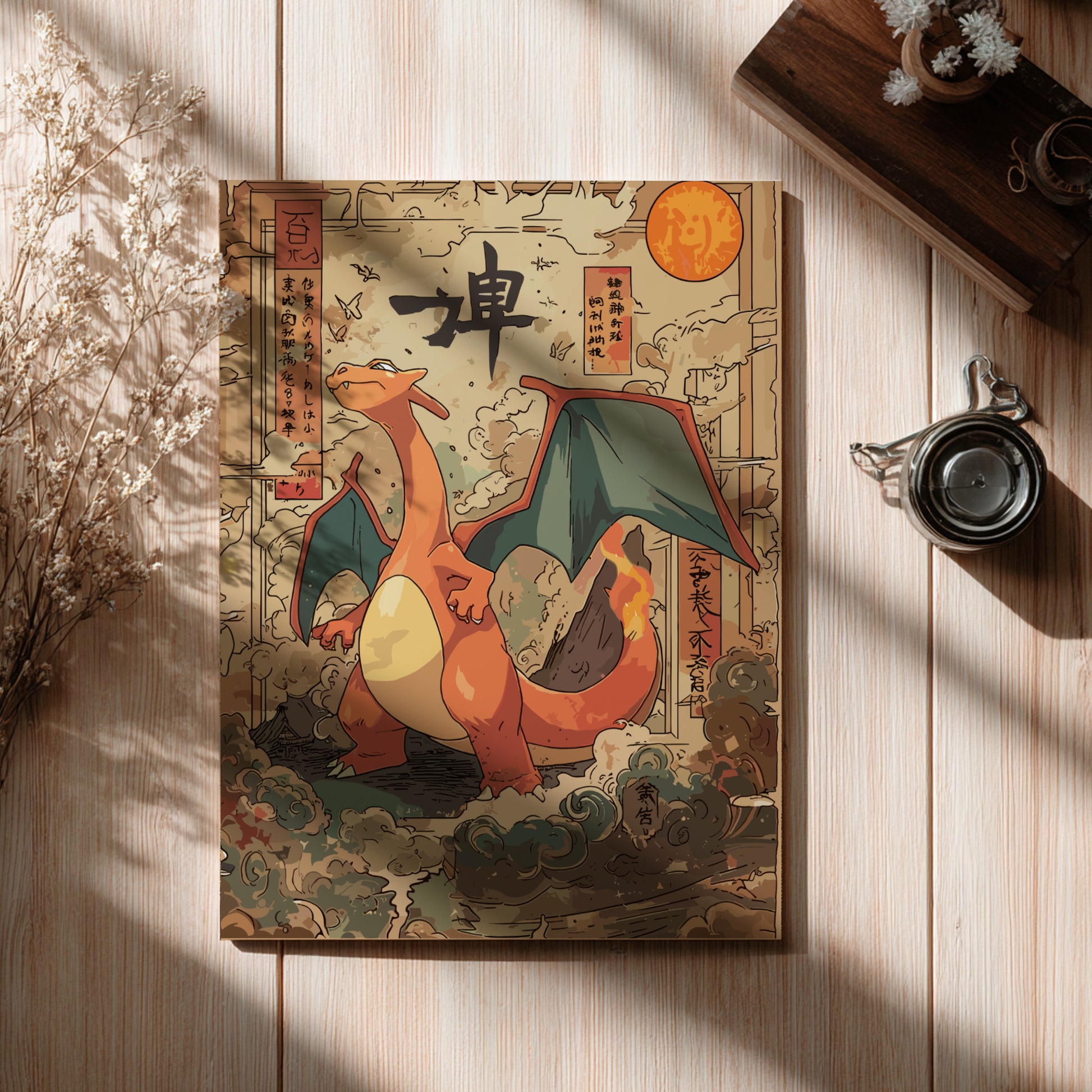 Poster with Charizard Pokemon illustration on a wooden surface
