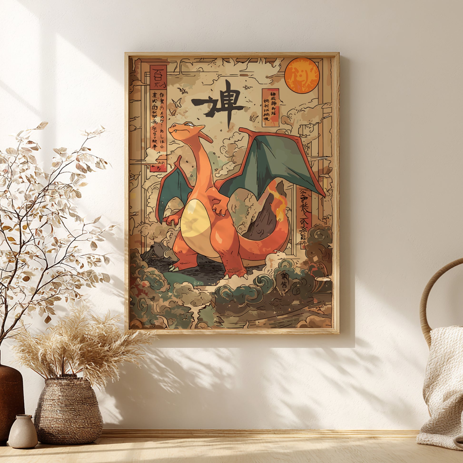 Framed artwork of Charizard Pokemon on a wall with decorative elements