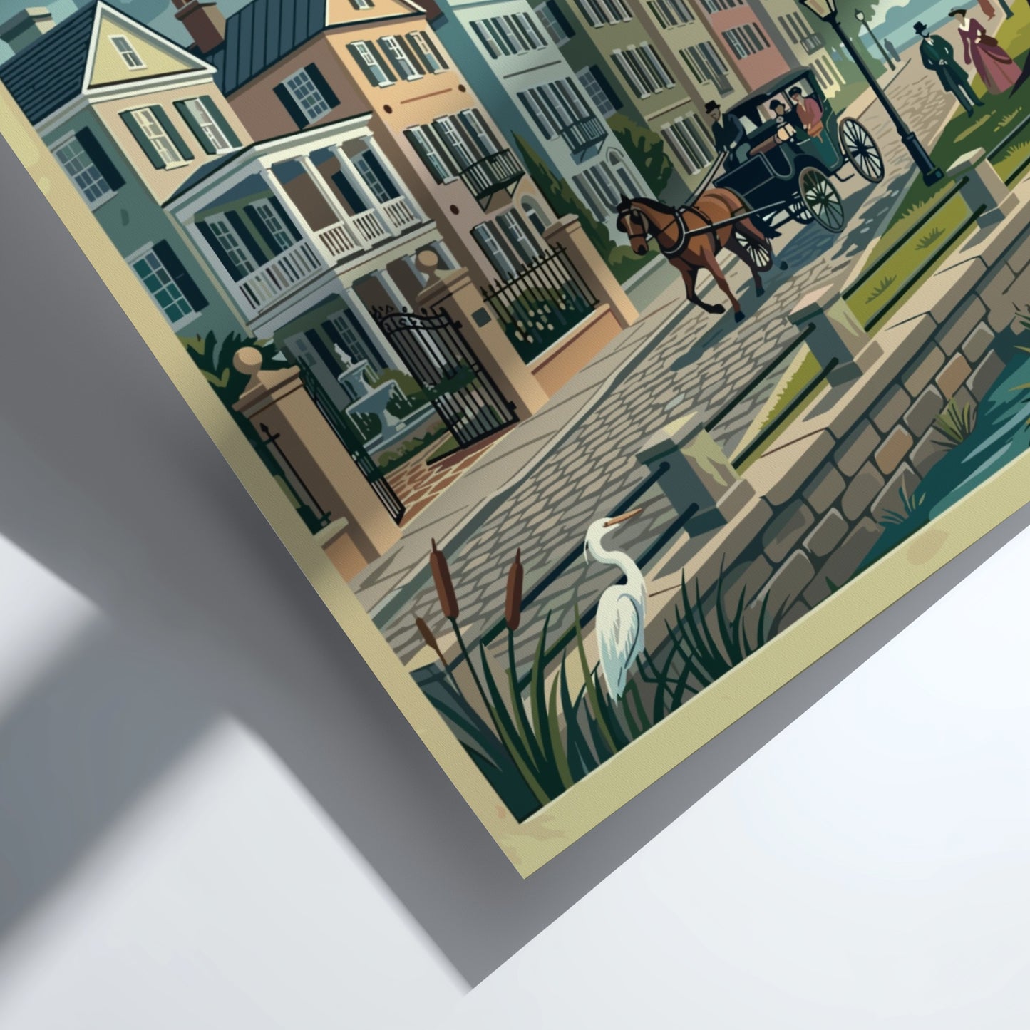 Travel poster of Charleston Historic District featuring a horse carriage and oak trees