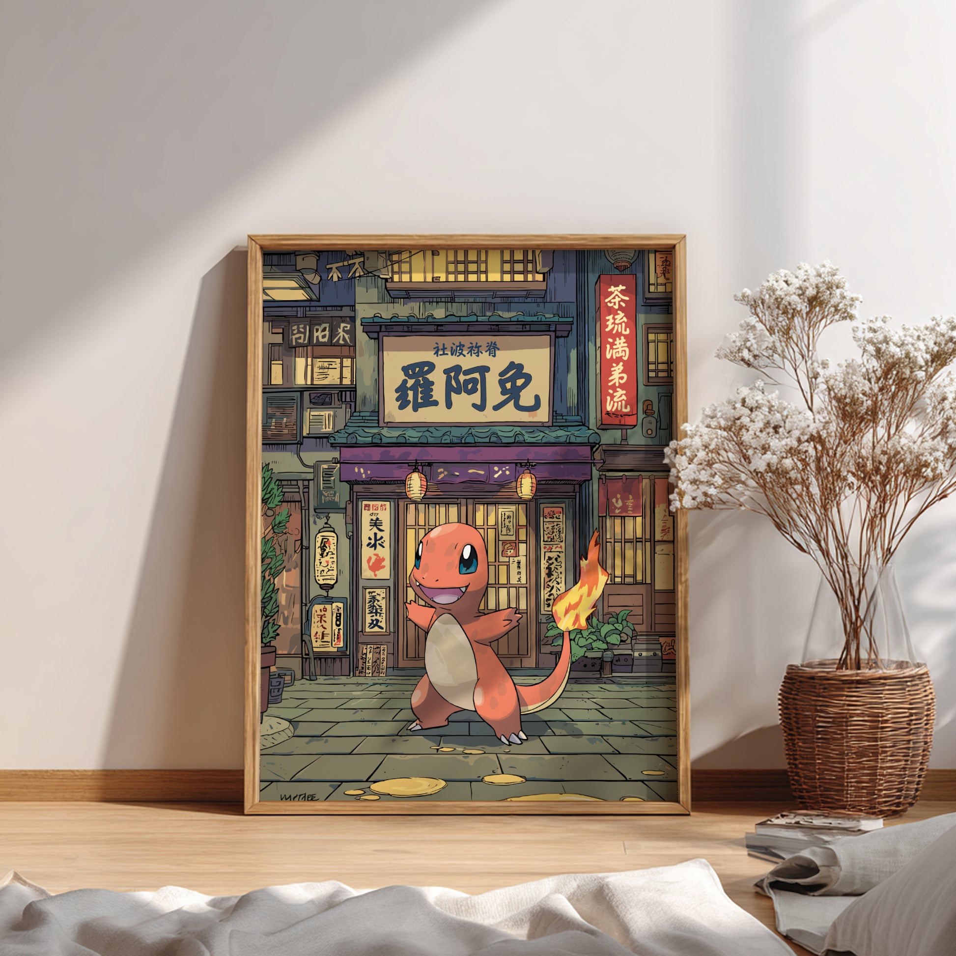 Framed artwork of Charmander Pokemon character in front of a traditional Japanese building on a wall.