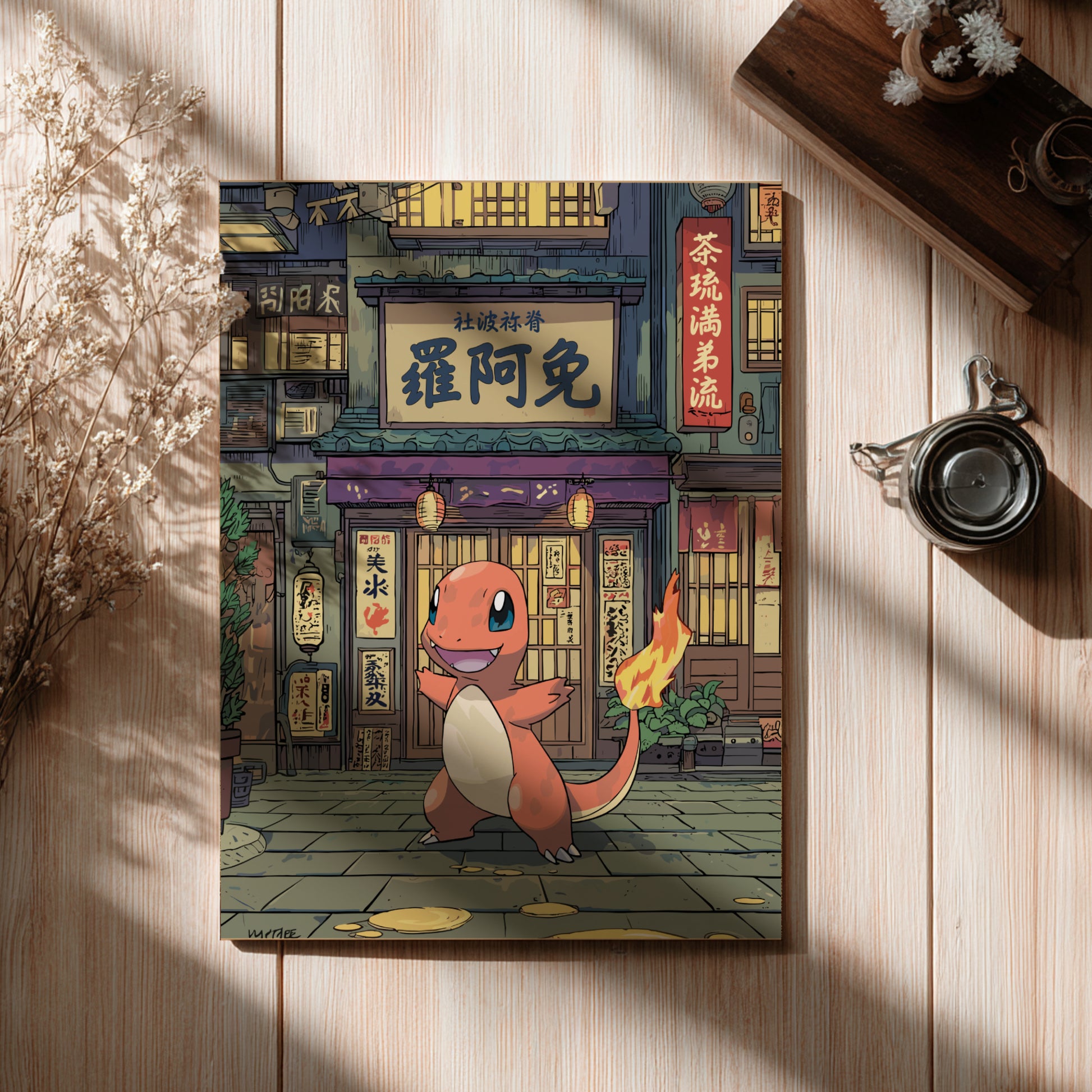 Illustration of Charmander Pokemon character in a traditional Japanese street setting on a wooden surface.