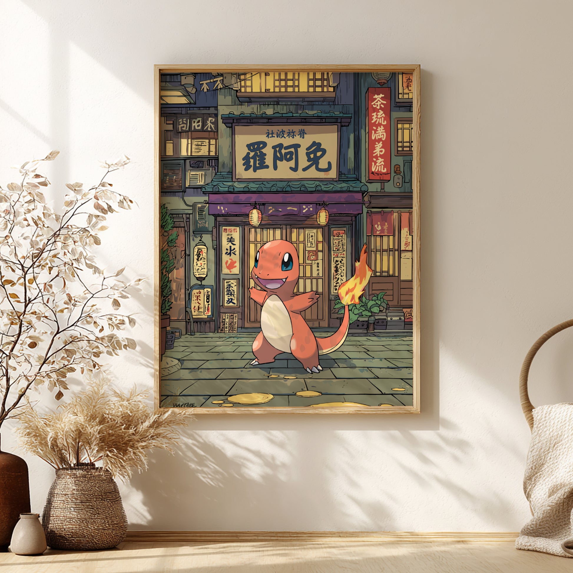 Framed artwork of Charmander Pokemon character in a traditional Japanese street setting