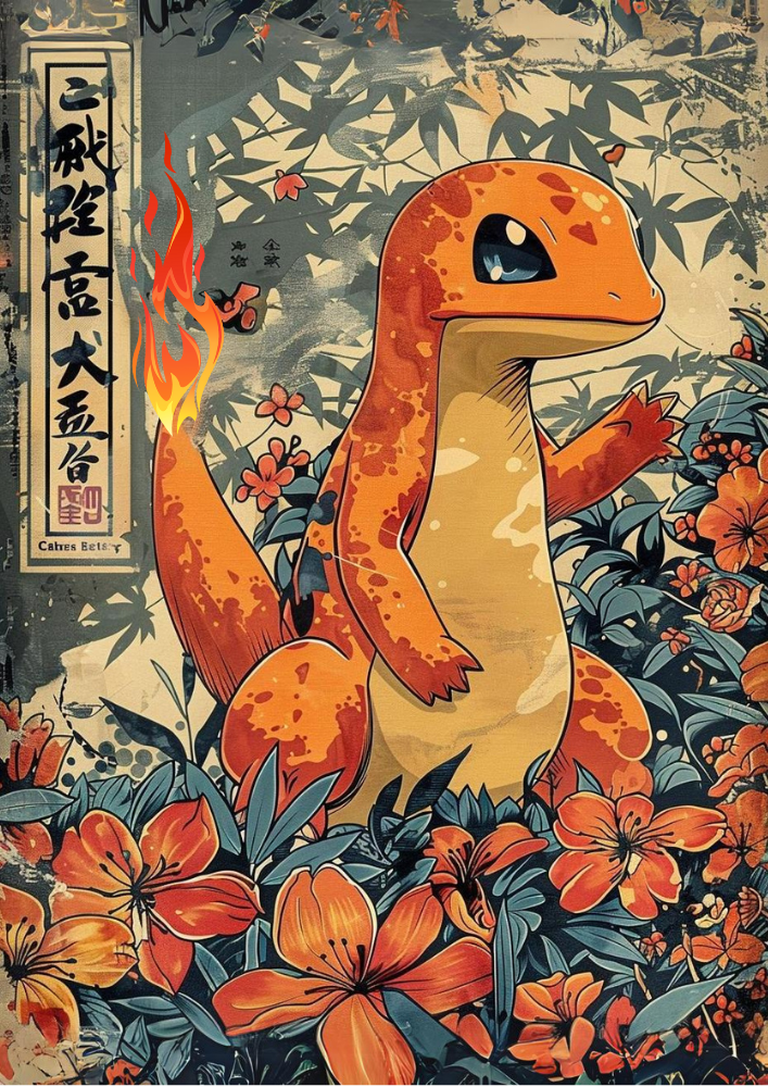 Salamèche : Affiche Pokémon style tapisserie japonaise, Pokémon TCG Salamèche