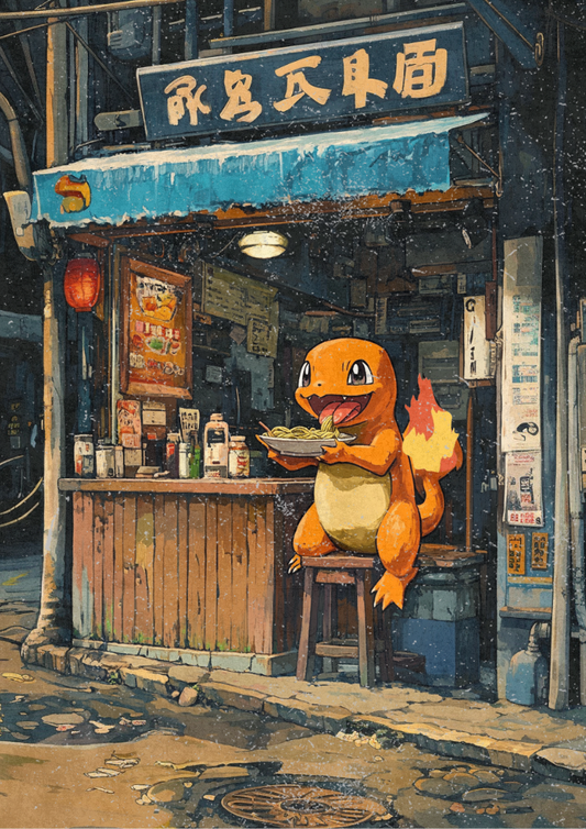 A poster depicting the animated character Charmander from Pokemon, sitting at a ramen shop, enjoying a bowl of noodles. The artwork has a Japanese style, reflecting the theme of ramen.