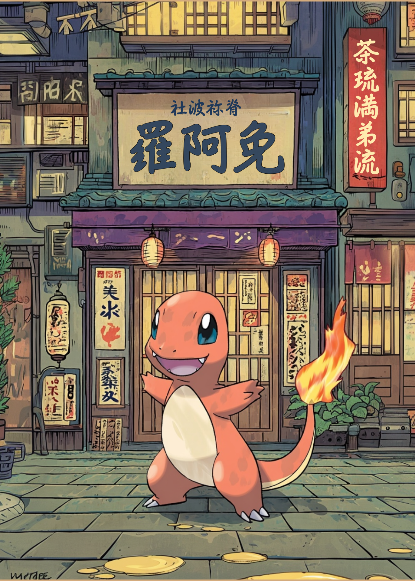 Charmander Pokemon character in a traditional Japanese street setting with signs and lanterns.