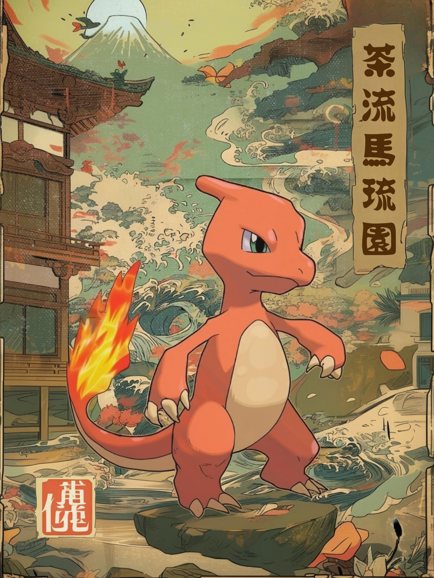 Charmeleon Pokemon character in a traditional Japanese setting with Mount Fuji