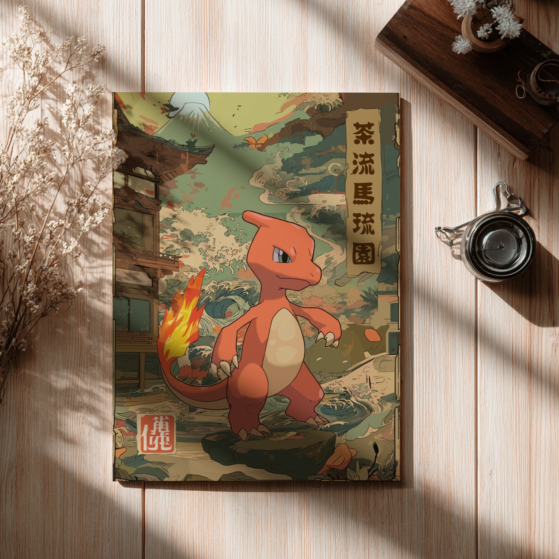 Poster with Charmeleon Pokemon illustration on a wooden surface