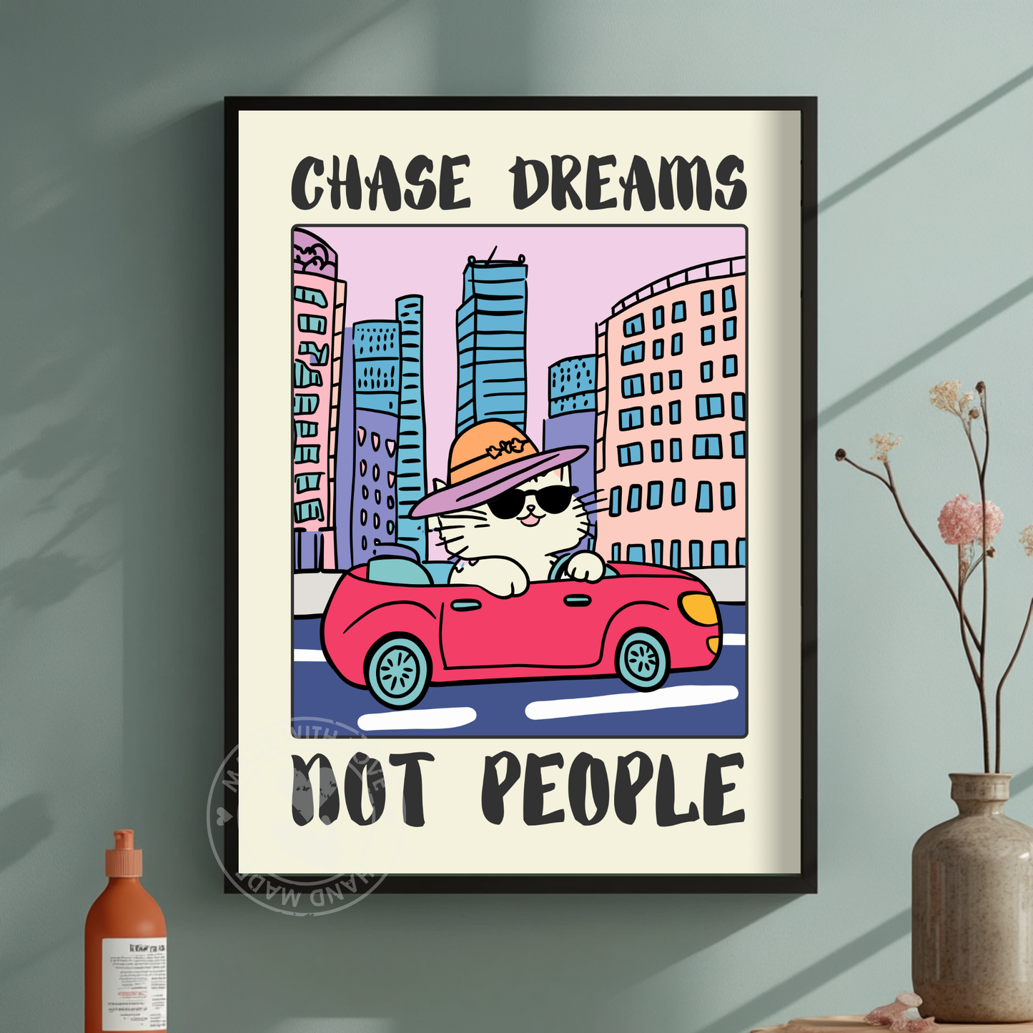 Funny Cat Driving Poster – Whimsical Cat Print, Motivational Humor, Retro Car Decor
