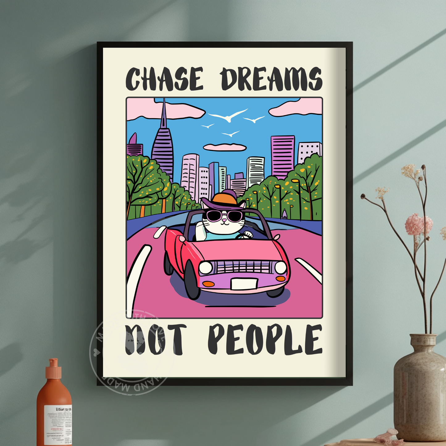 Funny Cat Driving Poster, Whimsical Animal Wall Art, Motivational Cat Print, Retro Humor Sign