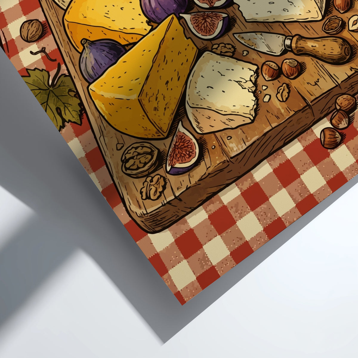 Poster featuring a rustic cheese board with grapes and figs on a checkered cloth.