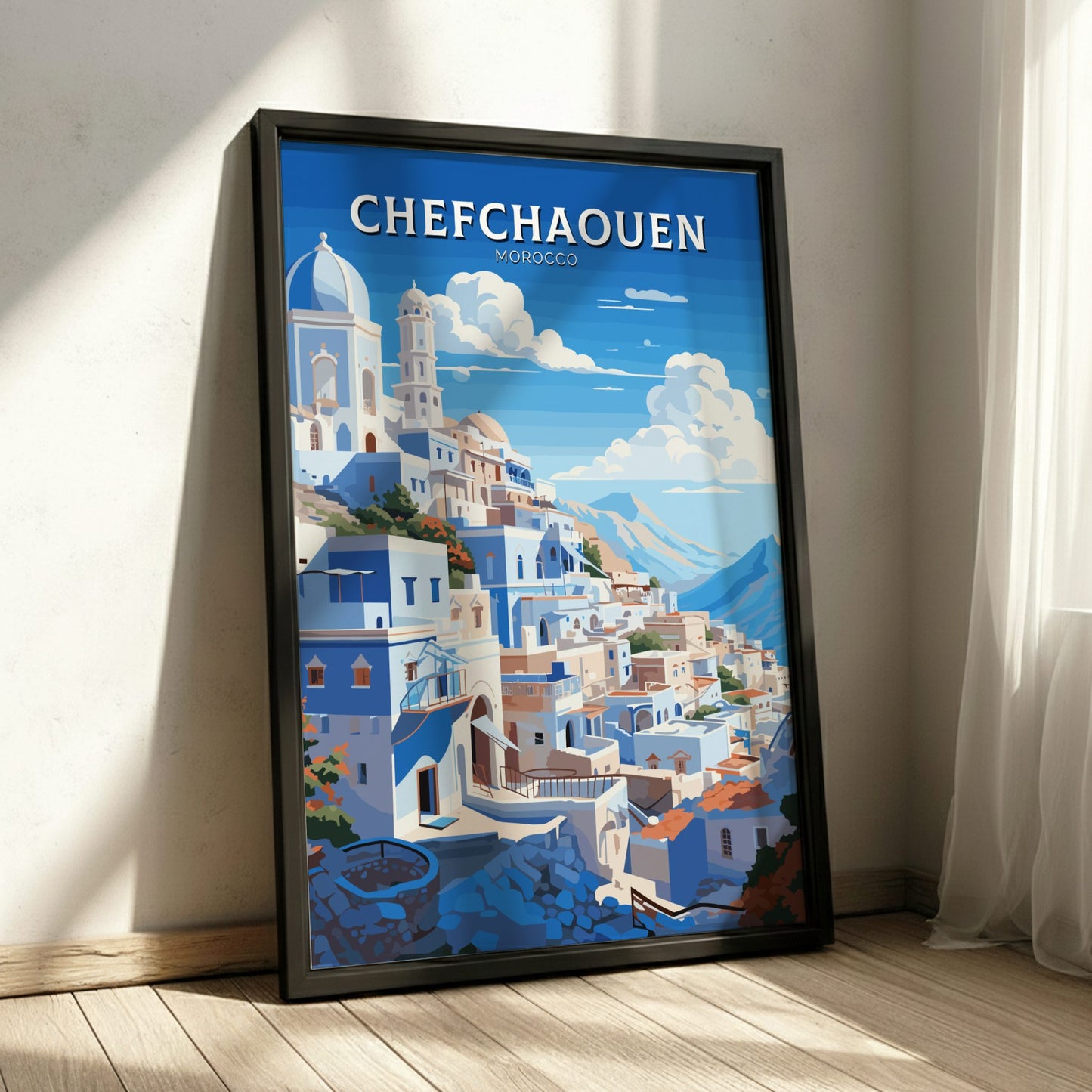 Framed poster of Chefchaouen, Morocco with a scenic cityscape.