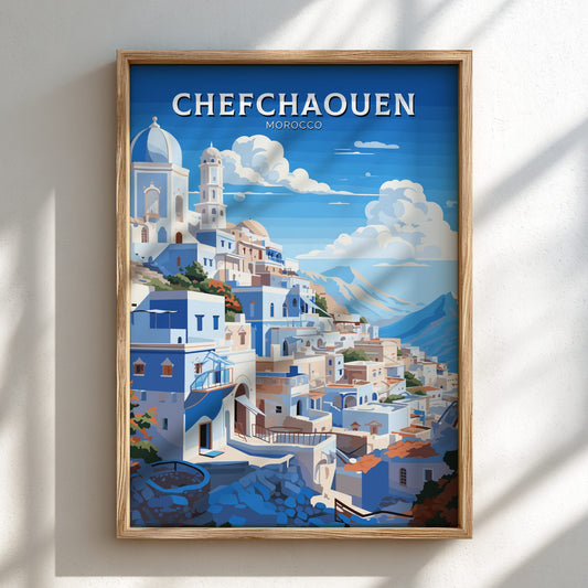 Framed artwork of Chefchaouen, Morocco with blue and white buildings.
