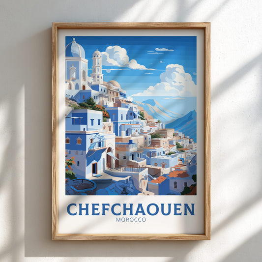 Framed artwork of Chefchaouen, Morocco with blue and white buildings.