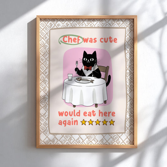 Chef Was Cute Poster - Adorable Black Cat Chef Wall Art Print