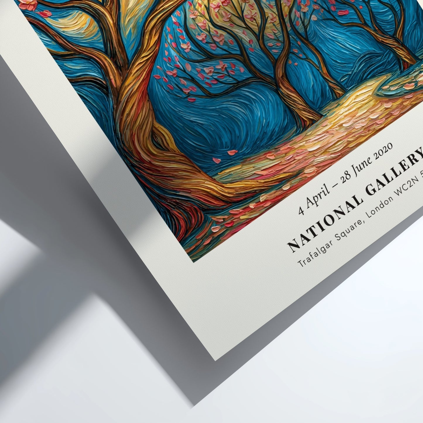 Cherry Blossoms poster featuring vibrant pink flowers and swirling branches inspired by Van Gogh's style