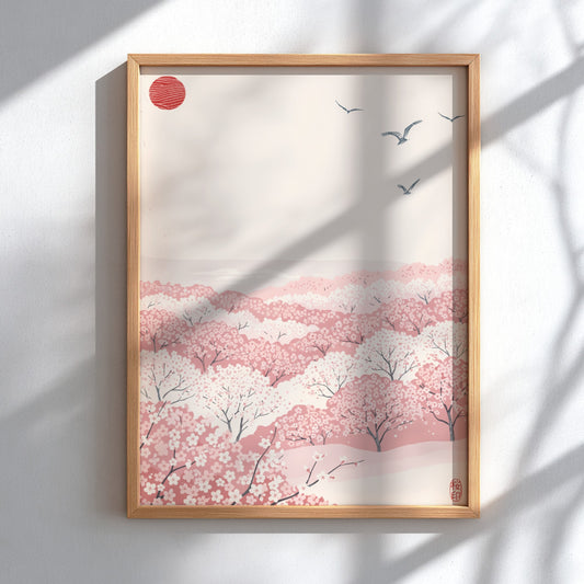 Poster featuring a soft pink cherry blossom meadow under a red morning sun