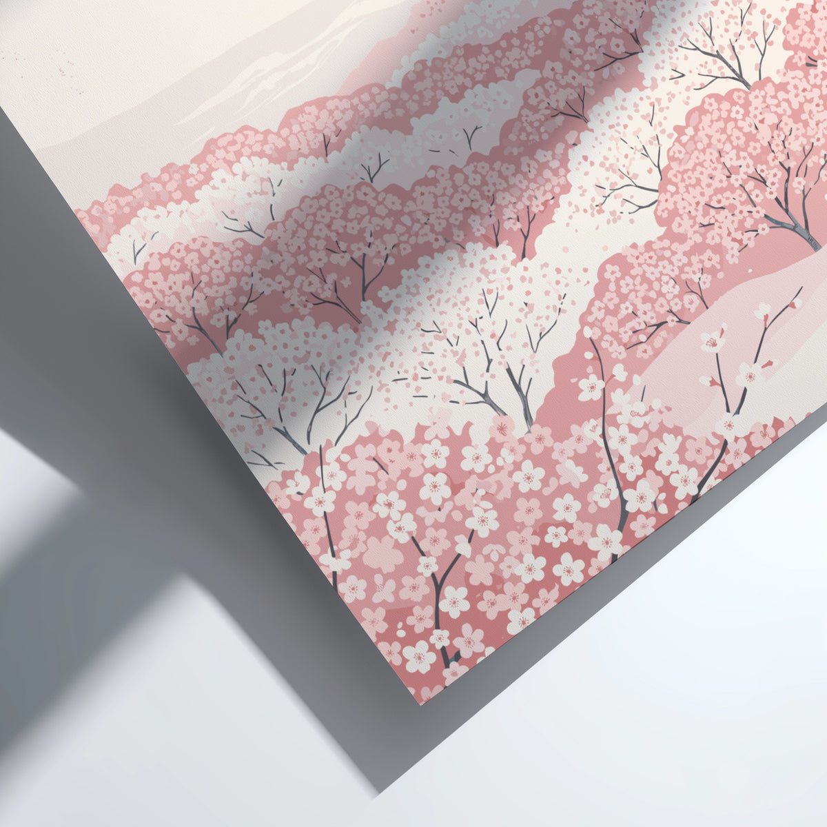 Poster featuring a soft pink cherry blossom meadow under a red morning sun
