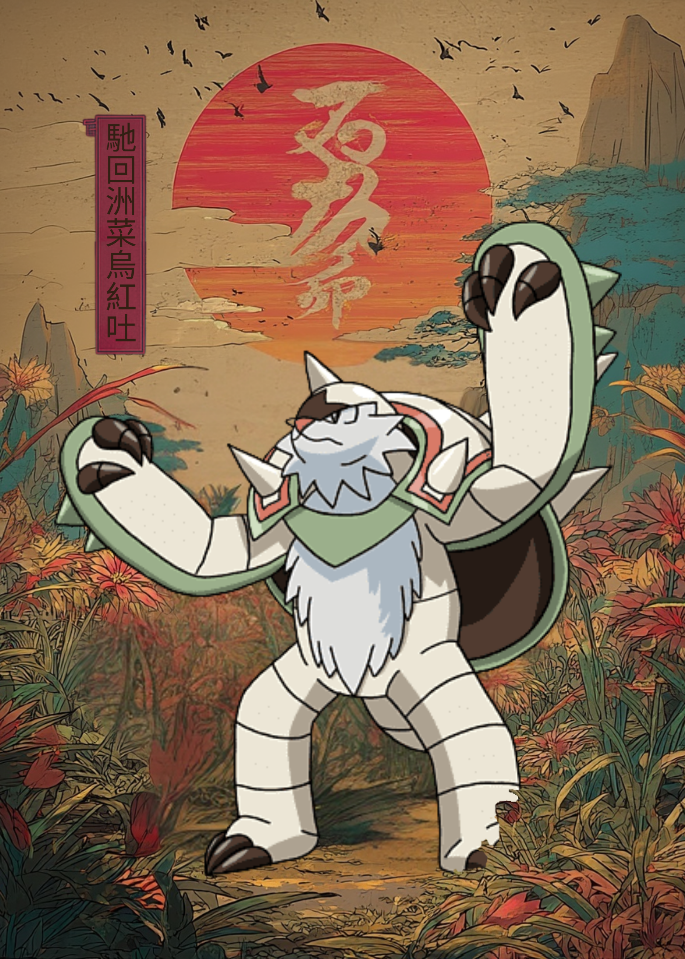 Chesnaught Pokemon character in a fantasy setting with a sunset and nature elements