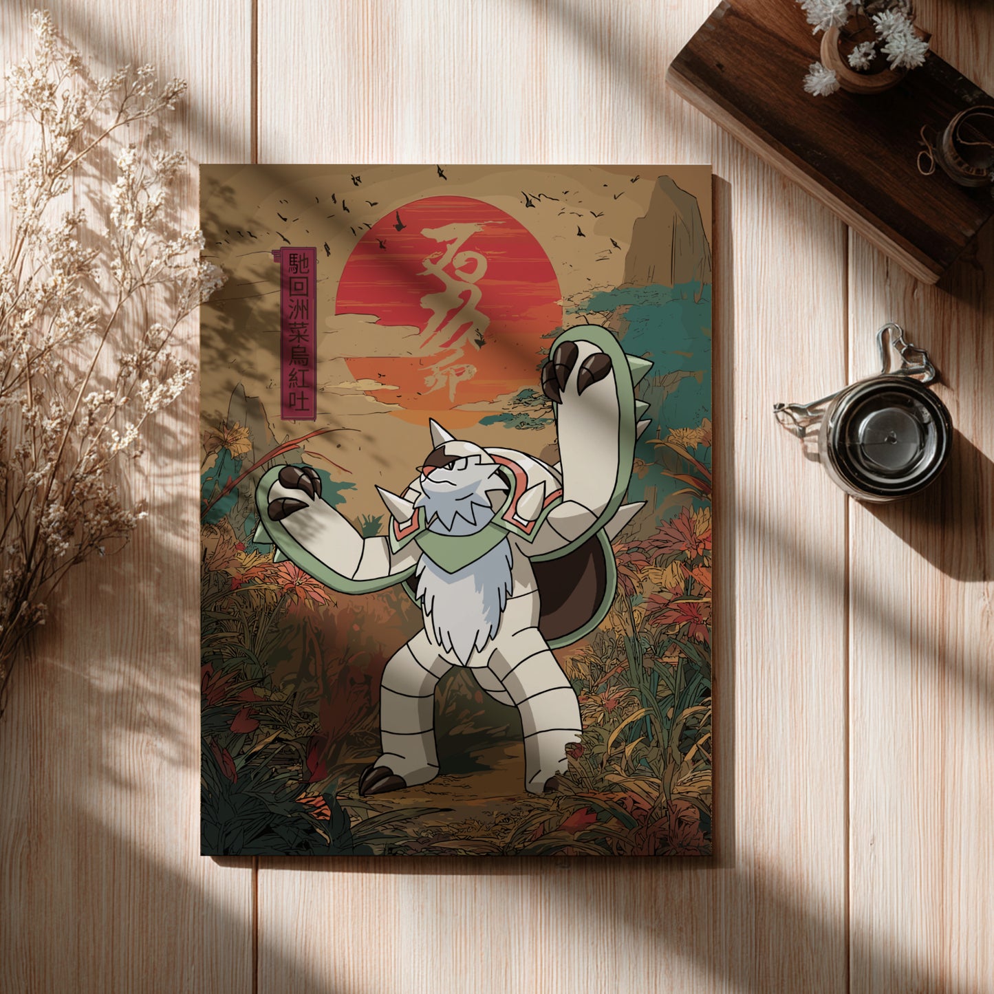 Poster with a fantasy Chesnaught Pokemon design on a wooden surface