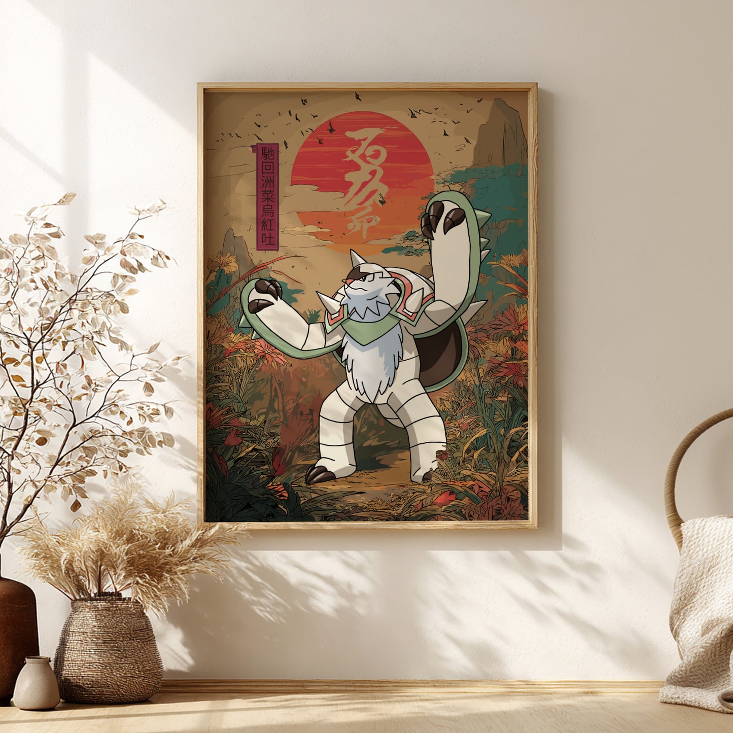 Framed artwork with Chesnaught Pokemon character on a wall with decorative elements
