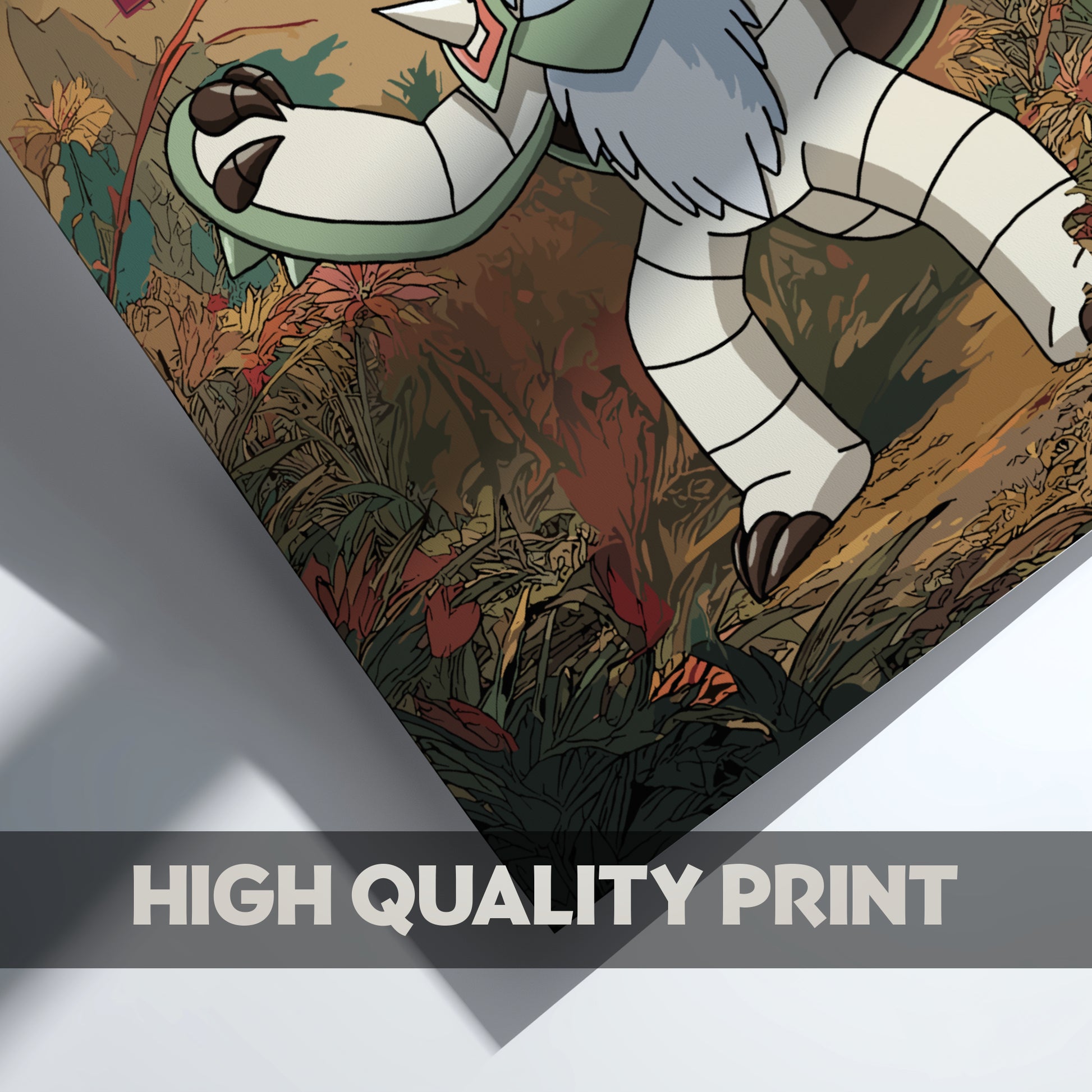 Illustration of a Chesnaught Pokemon character in a forest with 'High Quality Print' text overlay
