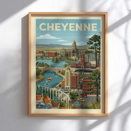 Vintage Cheyenne cityscape art print featuring the State Capitol, river, and retro vehicles in a warm color