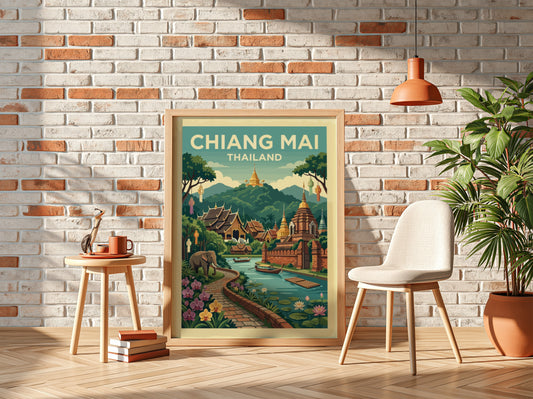 Chiang Mai Thailand travel poster featuring temples and a river in a vibrant illustrative style.