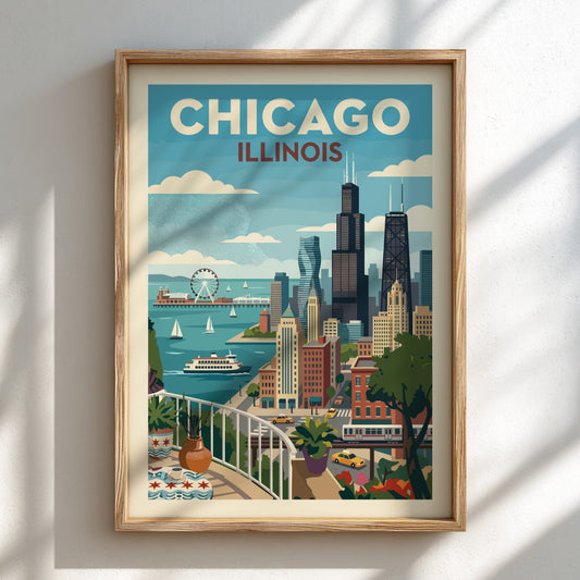 Vintage Chicago skyline poster featuring iconic buildings and Lake Michigan in a retro travel art style.