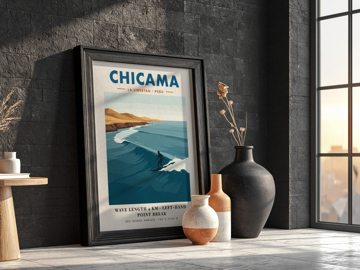 Chicama Peru surf poster featuring a lone surfer on a long ocean wave