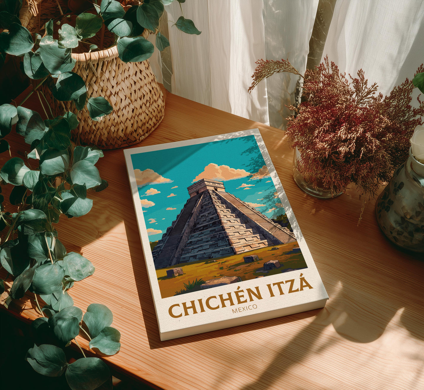Canvas 'Chichén Itzó' on a wooden surface with plants around