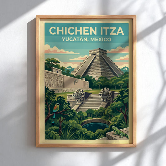 Travel poster of the Chichen Itza pyramid in Mexico with jungle scenery and wildlife