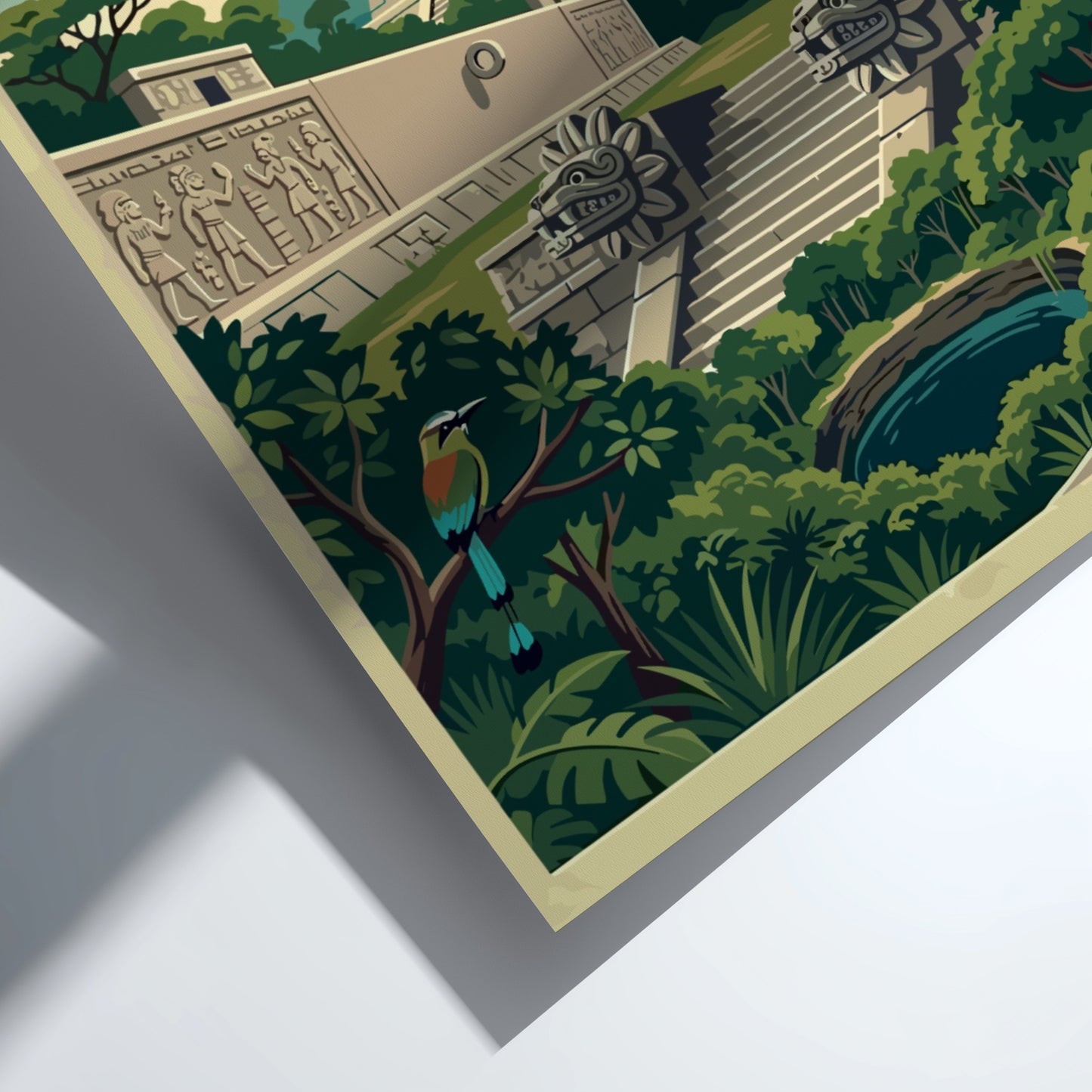 Travel poster of the Chichen Itza pyramid in Mexico with jungle scenery and wildlife