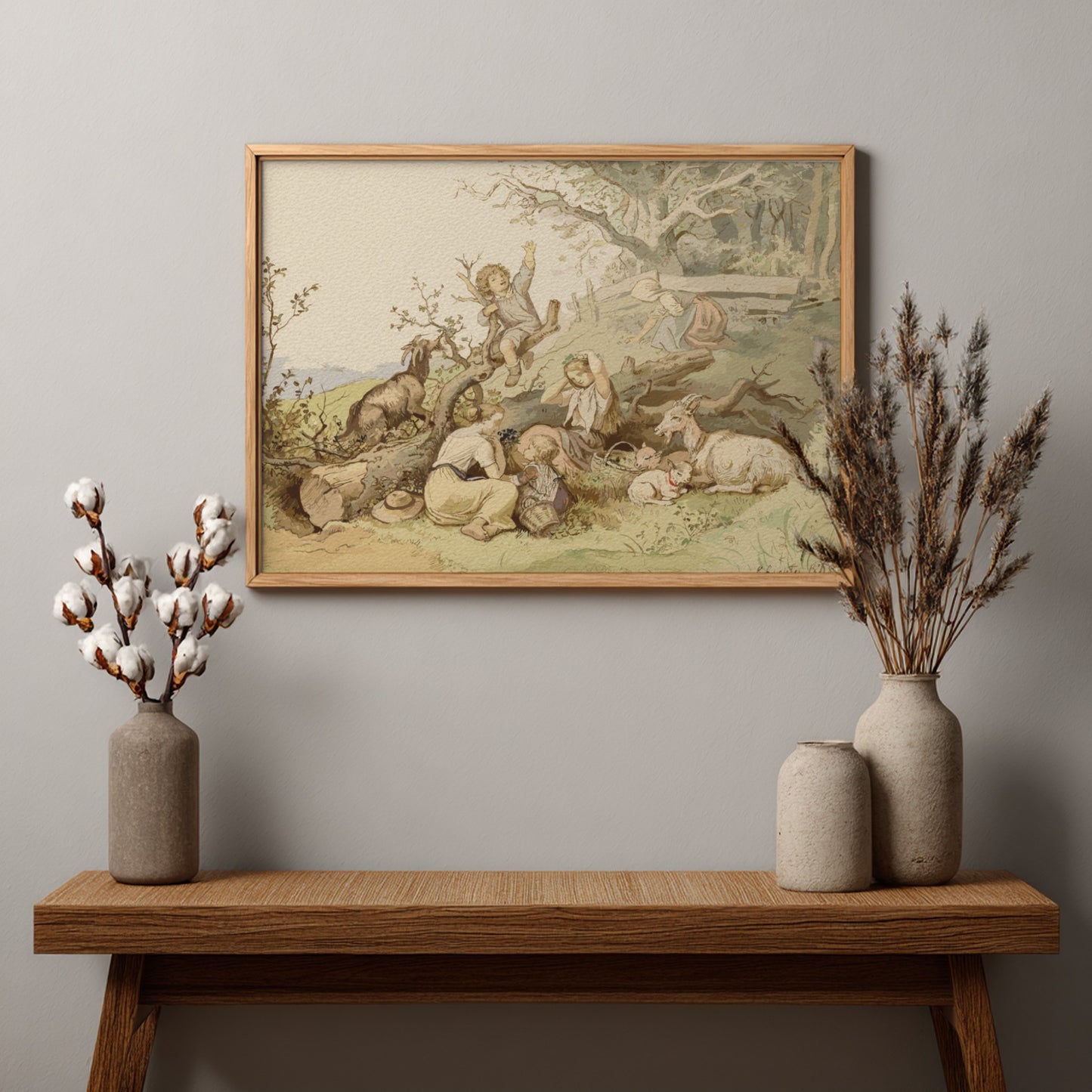 A vintage drawing titled 'Children and Goats Resting by a Felled Tree' by Adrian Ludwig Richter, featuring