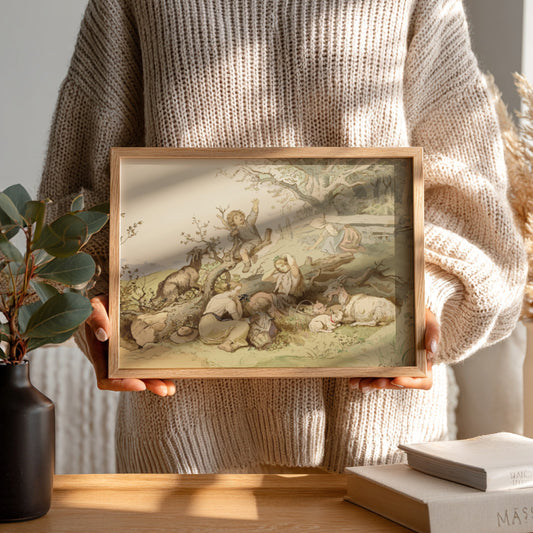 A vintage drawing titled 'Children and Goats Resting by a Felled Tree' by Adrian Ludwig Richter, featuring