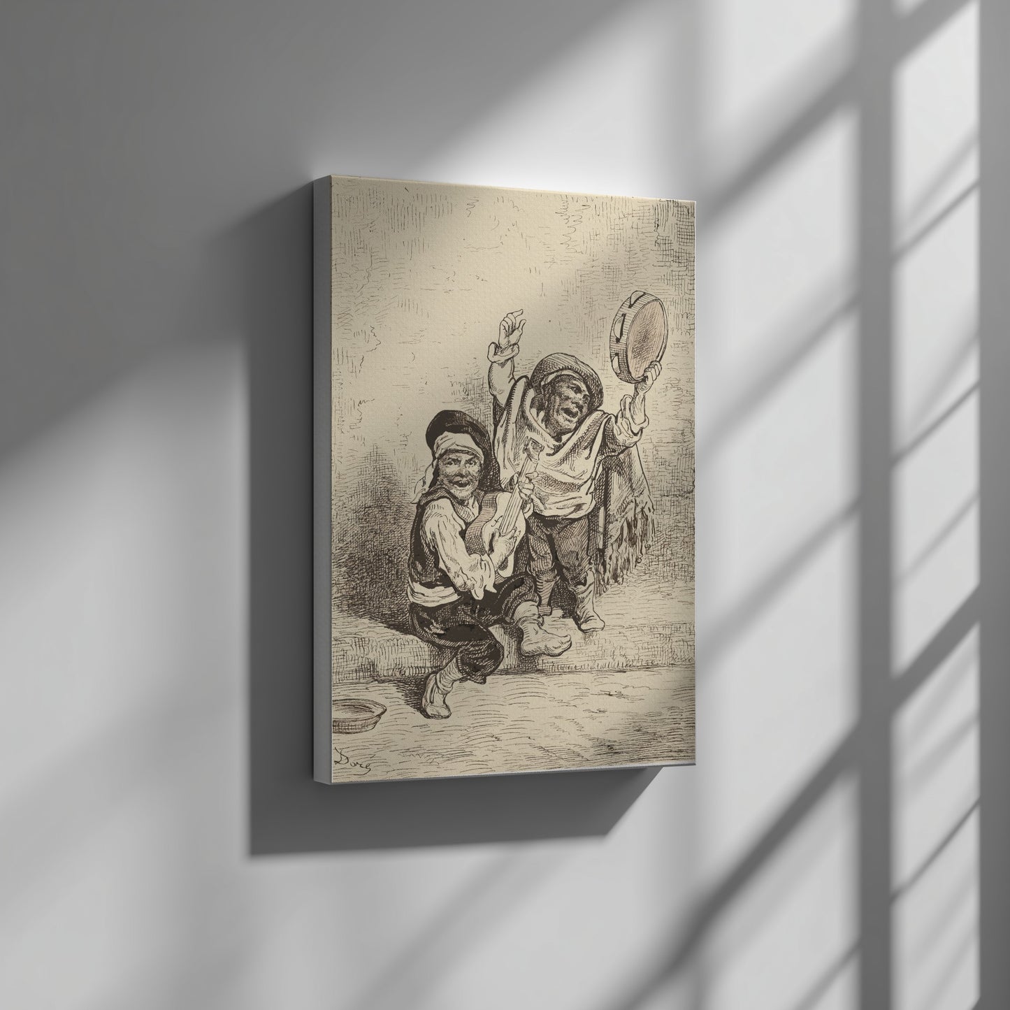 Vintage etching poster of two children playing music outside a church door, Nicolas-Toussaint Charlet.