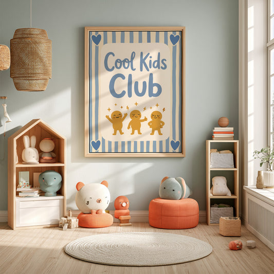 Cool Kids Club poster featuring cheerful characters in warm colors, perfect for kids' room decor