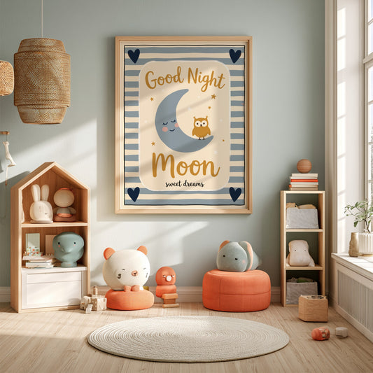 Kids room poster featuring a moon and owl in soft colors, perfect for nursery decor.