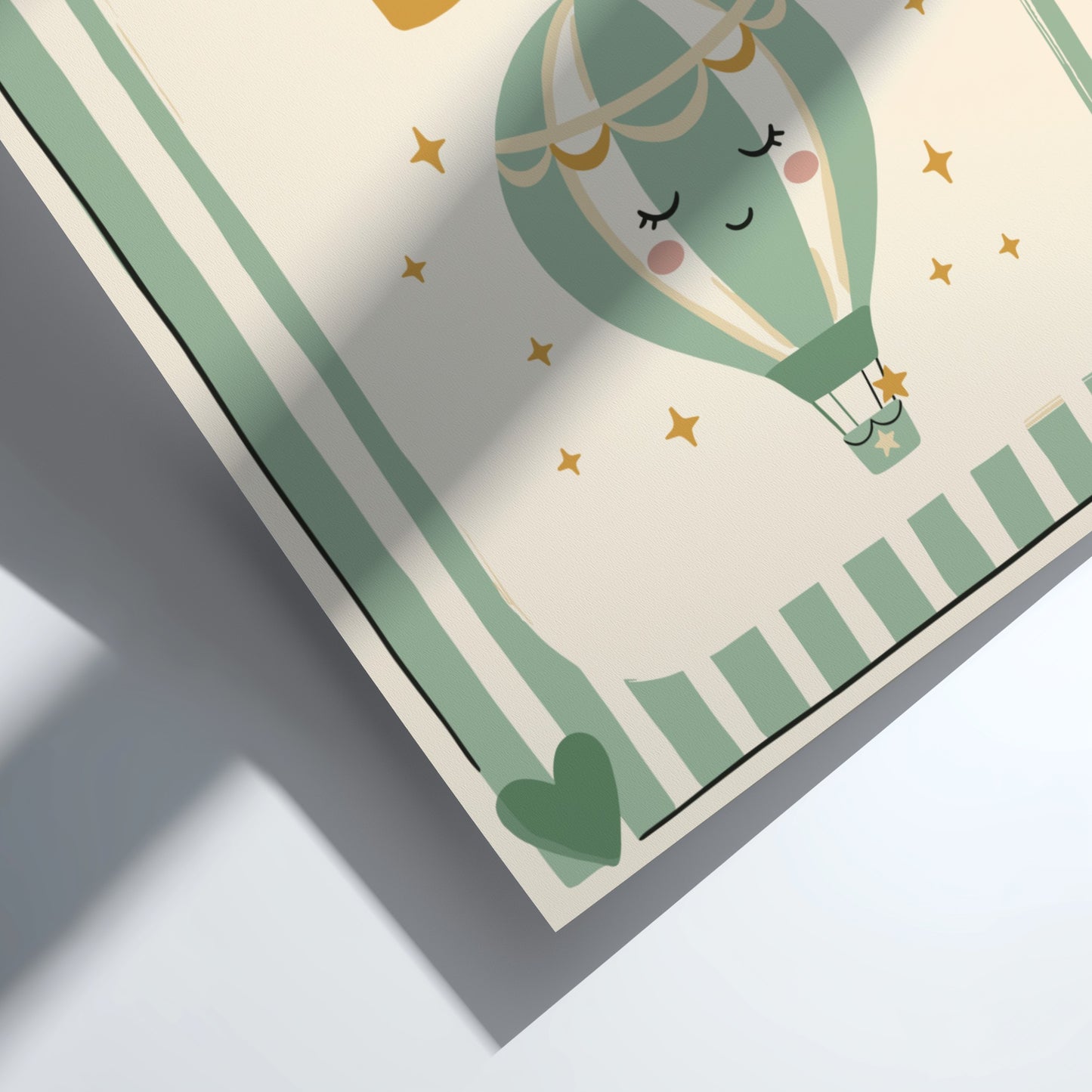 Kids room poster featuring a whimsical hot air balloon in soft colors, perfect for nursery decor.