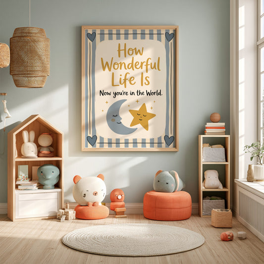 Kids room poster featuring a smiling star and crescent moon in pastel colors, perfect for nursery decor.