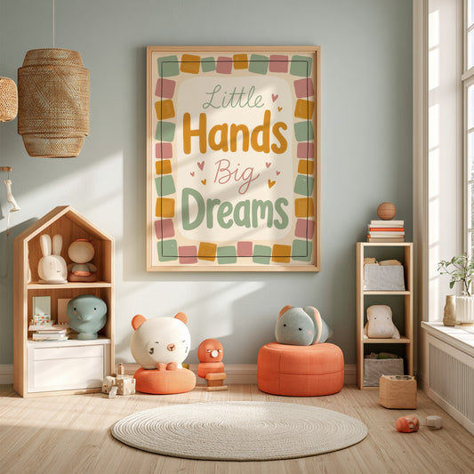 Kids room poster featuring typography design in pastel colors, perfect for nursery decor.