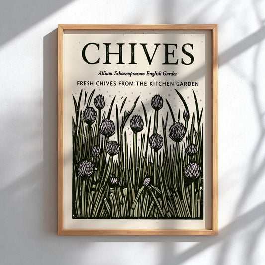 Chives kitchen poster featuring botanical illustration in green and purple tones, perfect for wall decor.