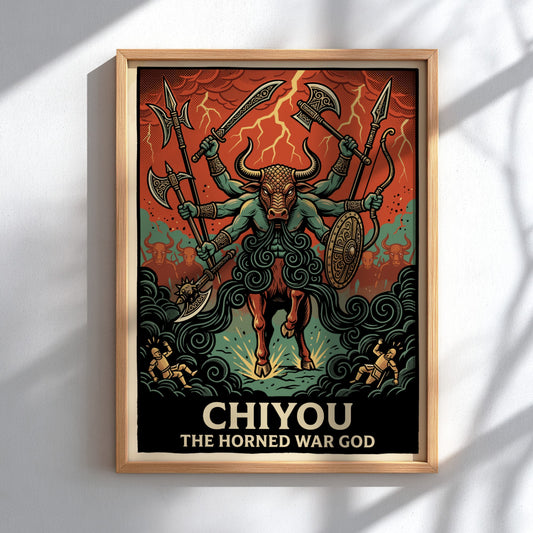 Poster of Chiyou the Horned War God with six arms wielding weapons in battle