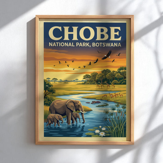 Chobe National Park poster featuring elephants, sunset colors, and wildlife art