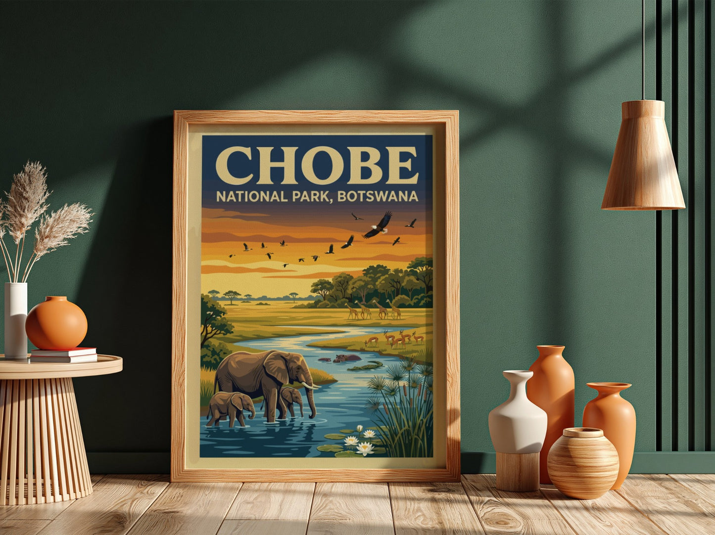 Chobe National Park poster featuring elephants, sunset colors, and wildlife art
